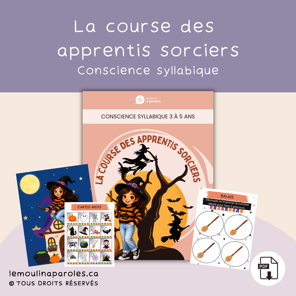 Course des apprentis sorciers, jeu Halloween de rimes et de conscience phonologique avec parcours moteur pour enfants de 3 à 5 ans.