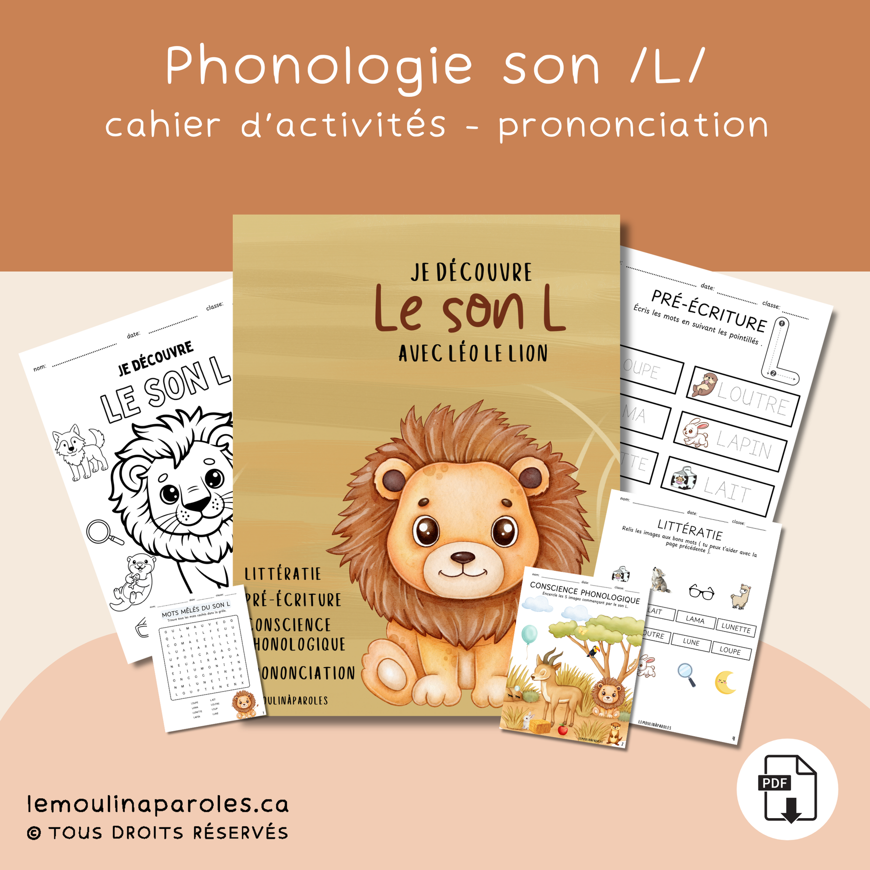 Cahier éducatif Je découvre le son L avec Léo le lion pour enfants maternelle orthophonie.