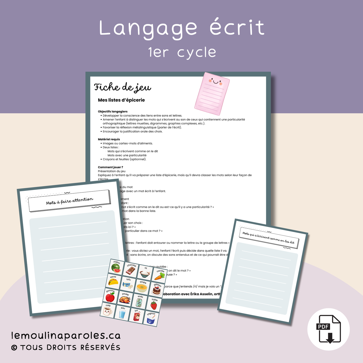 Fiche de jeu éducatif Mes listes d’épicerie pour travailler les liens entre sons et lettres et observer les particularités orthographiques