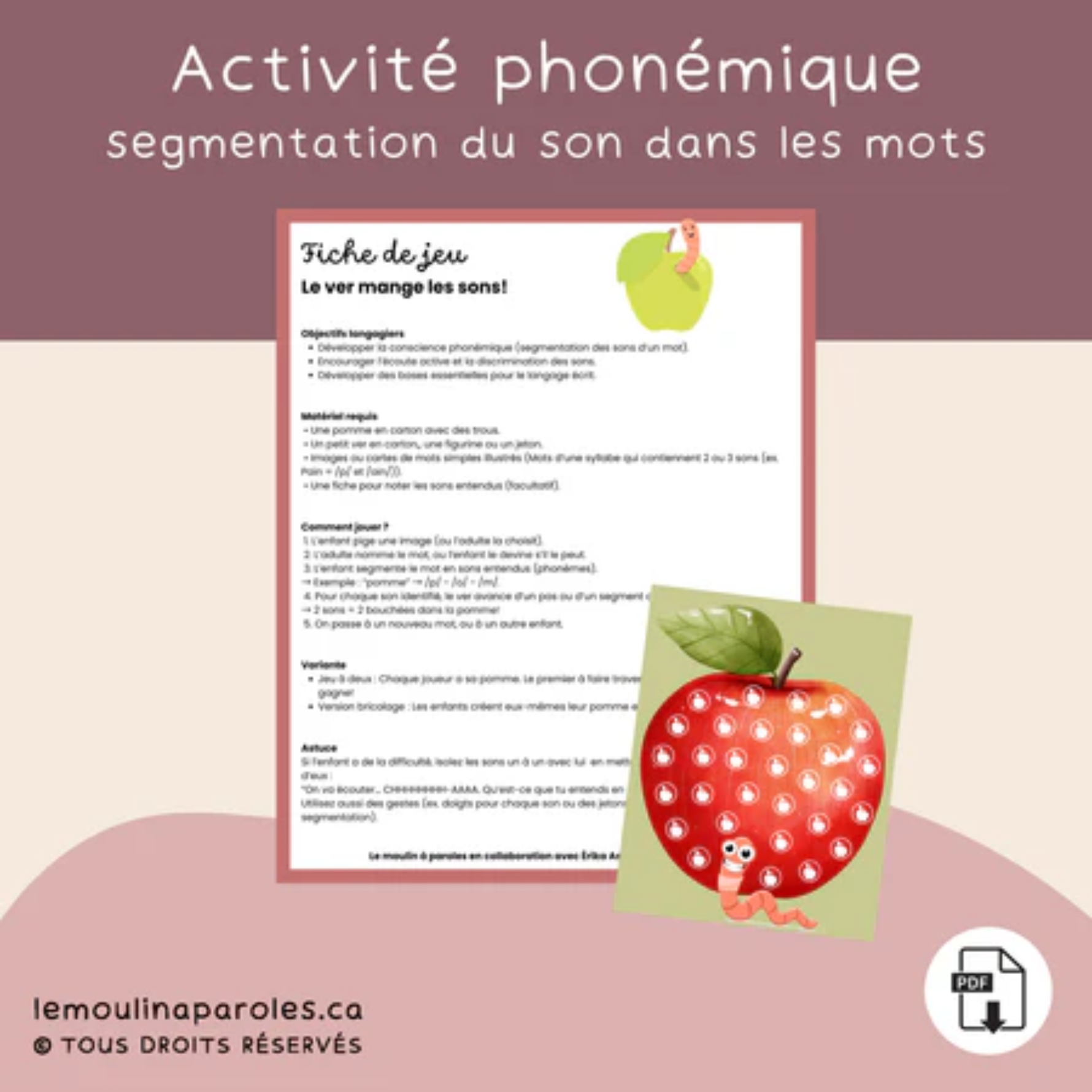 Trousse langage Les pommes en format PDF comprenant 8 activités éducatives pour les enfants de 5 à 7 ans afin de développer le langage, la conscience phonologique, la lecture, les notions spatiales, les émotions et la résolution de problèmes.