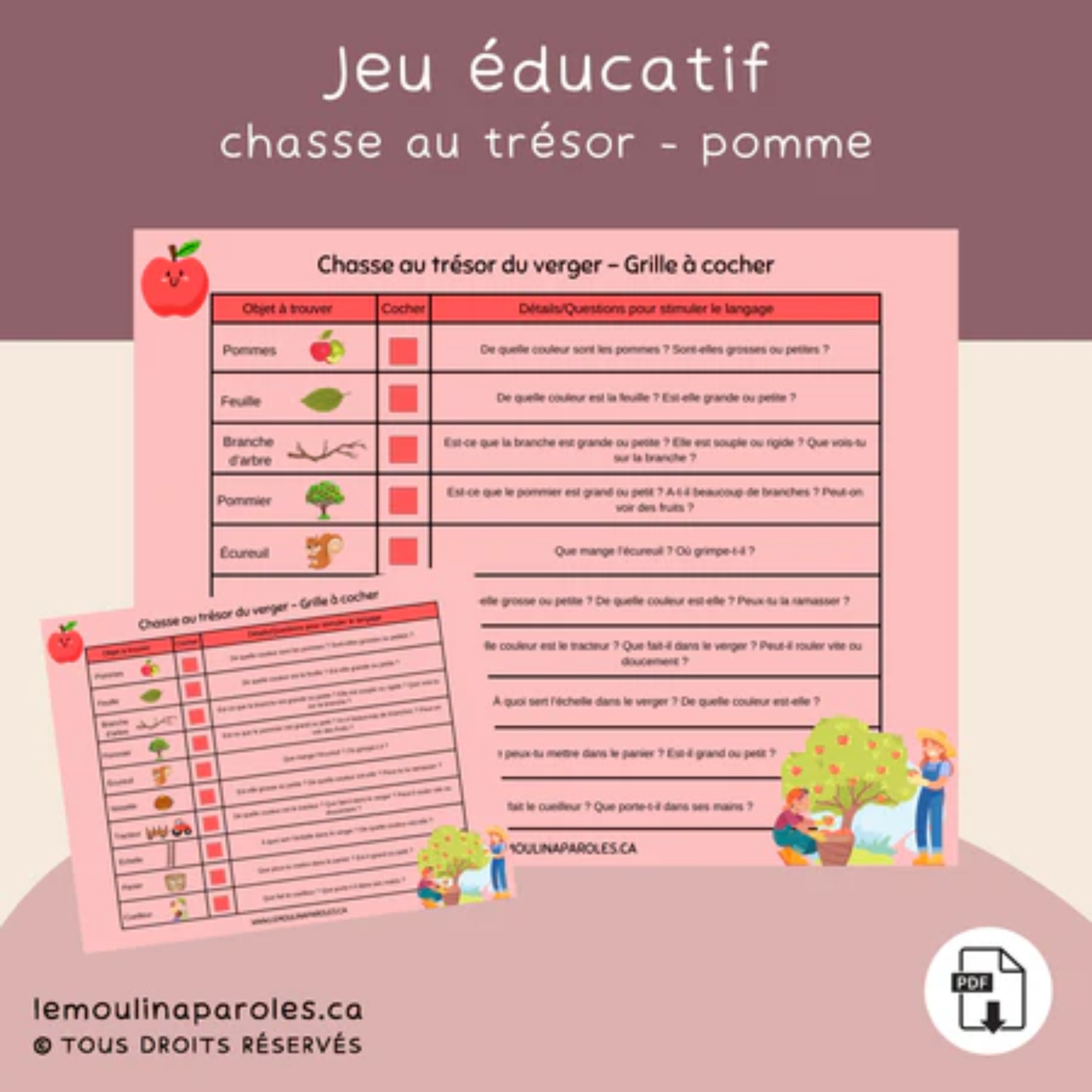 Trousse langage Les pommes en format PDF comprenant 11 activités éducatives pour développer le langage, la conscience phonologique, le vocabulaire, la morphosyntaxe, la compréhension et les notions spatiales chez les enfants.