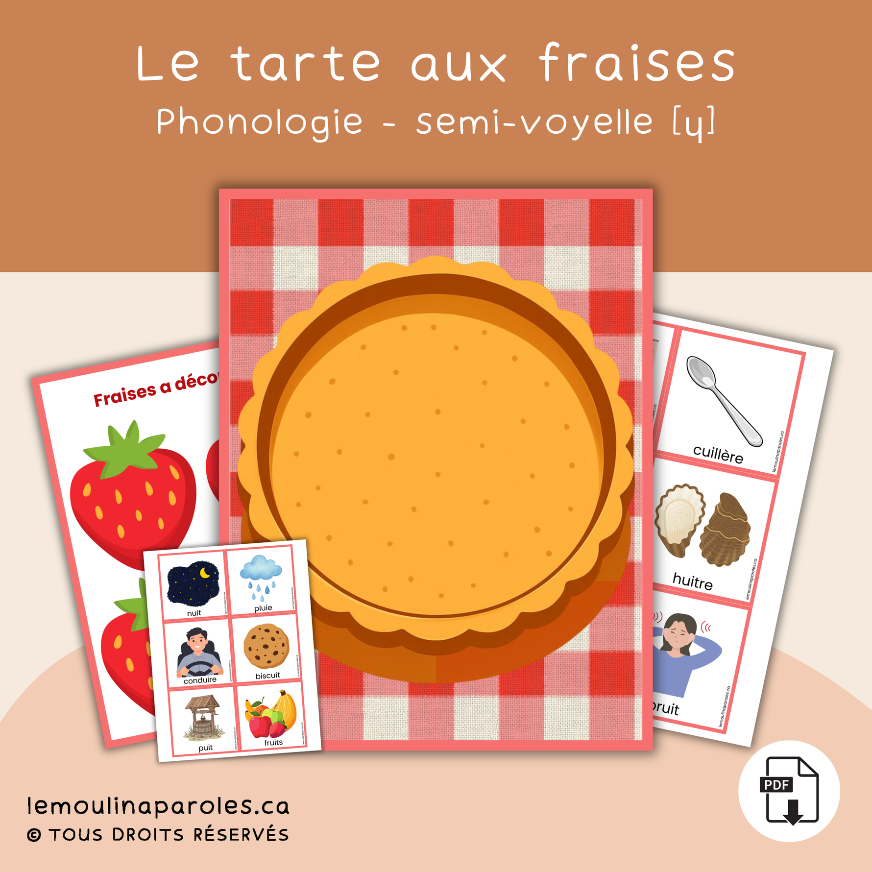 Fraises géantes à récolter dans un jeu de parcours estival conçu pour travailler la semi-voyelle [ɥ] et développer la précision articulatoire.