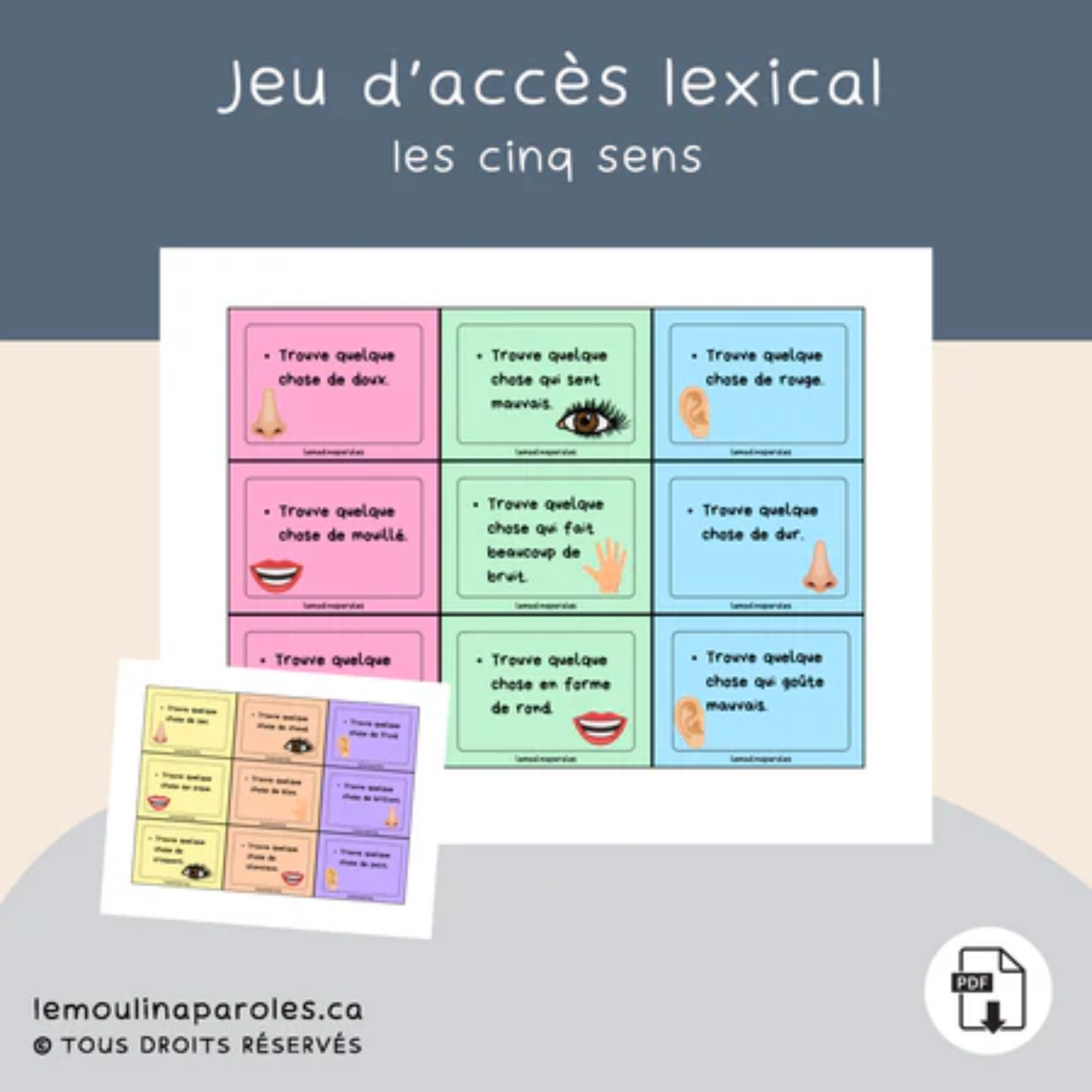 Trousse langage enfants les 5 sens avec activités éducatives PDF incluant jeux d’association, phrases et vocabulaire