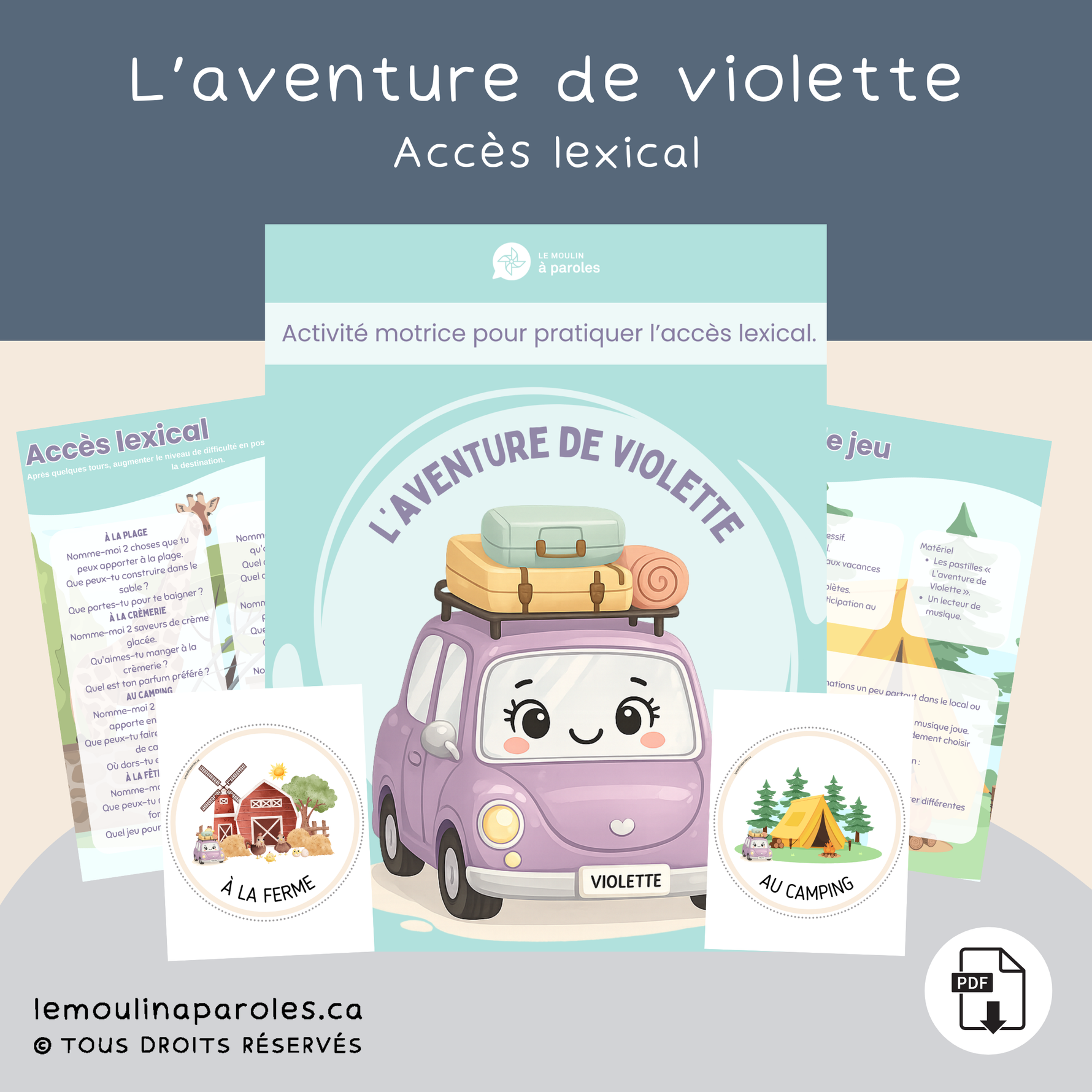 Trousse langage « Les vacances de Violette » comprenant 6 activités éducatives à imprimer pour stimuler le langage des enfants de 3 à 5 ans autour du thème des vacances.