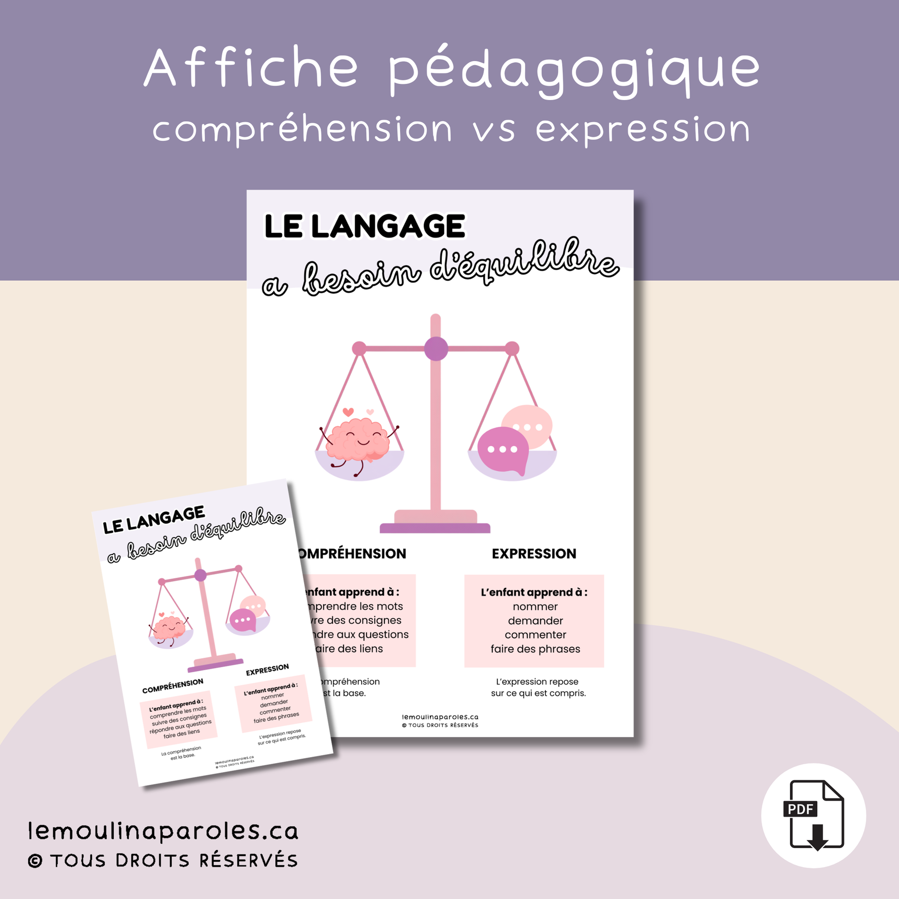 Affiche éducative montrant une balance illustrant l’équilibre entre compréhension et expression du langage chez l’enfant.