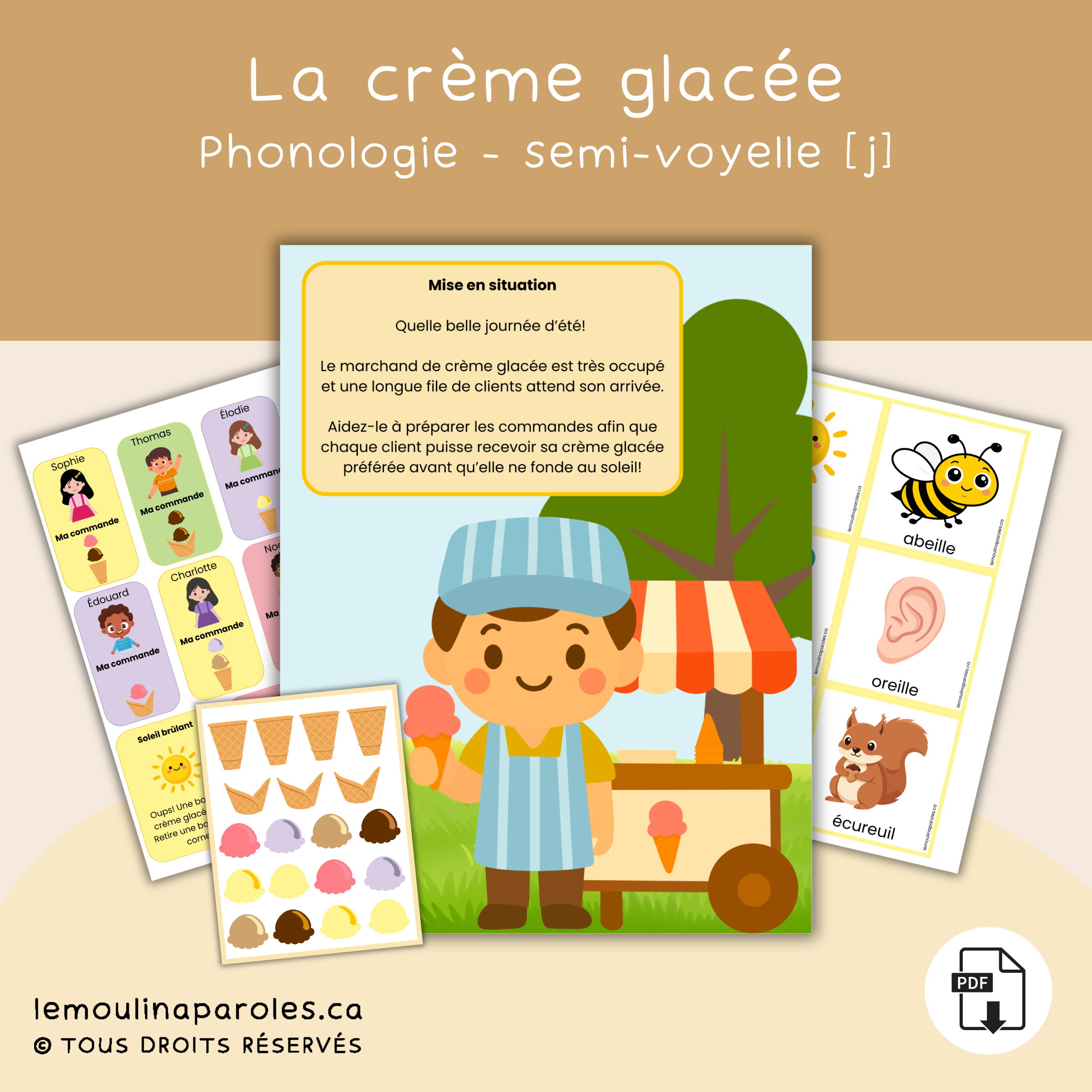 Cornets de crème glacée colorés et clients à servir dans un jeu de langage conçu pour travailler la semi-voyelle [j].