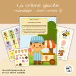 Cornets de crème glacée colorés et clients à servir dans un jeu de langage conçu pour travailler la semi-voyelle [j].