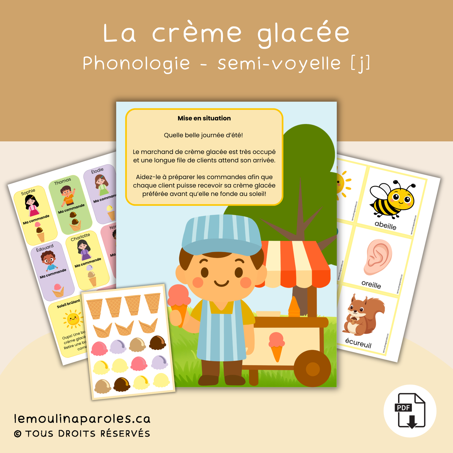 Cornets de crème glacée colorés et clients à servir dans un jeu de langage conçu pour travailler la semi-voyelle [j].