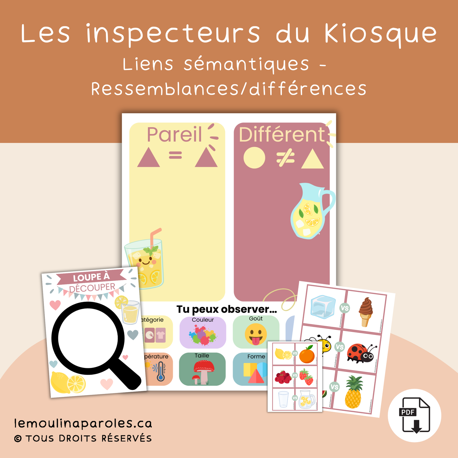 Jeu d’inspecteur avec loupe permettant de comparer des images et de trouver des ressemblances et des différences.
