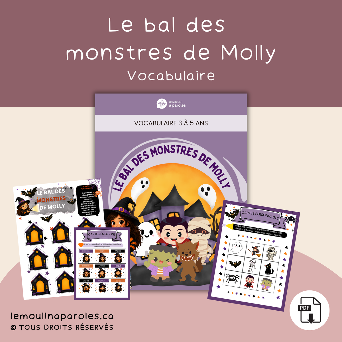 Bal des monstres de Molly, activité Halloween sur les émotions, le vocabulaire, les verbes et le mouvement pour enfants de 3 à 5 ans.