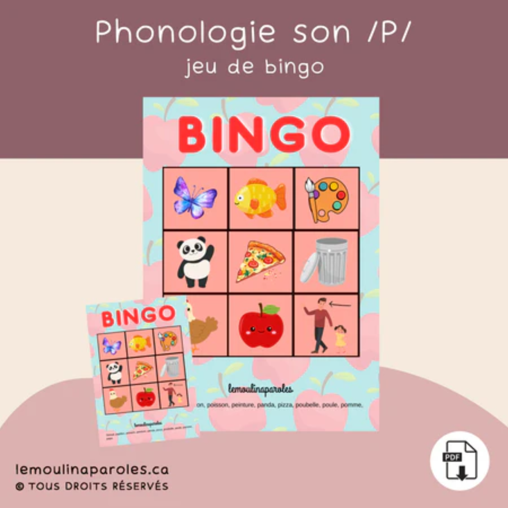 Trousse langage Les pommes en format PDF comprenant 11 activités éducatives pour développer le langage, la conscience phonologique, le vocabulaire, la morphosyntaxe, la compréhension et les notions spatiales chez les enfants.