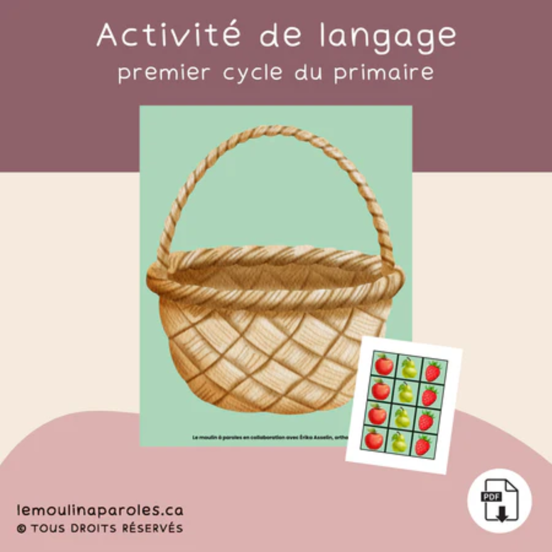 Trousse langage Les pommes en format PDF comprenant 8 activités éducatives pour les enfants de 5 à 7 ans afin de développer le langage, la conscience phonologique, la lecture, les notions spatiales, les émotions et la résolution de problèmes.