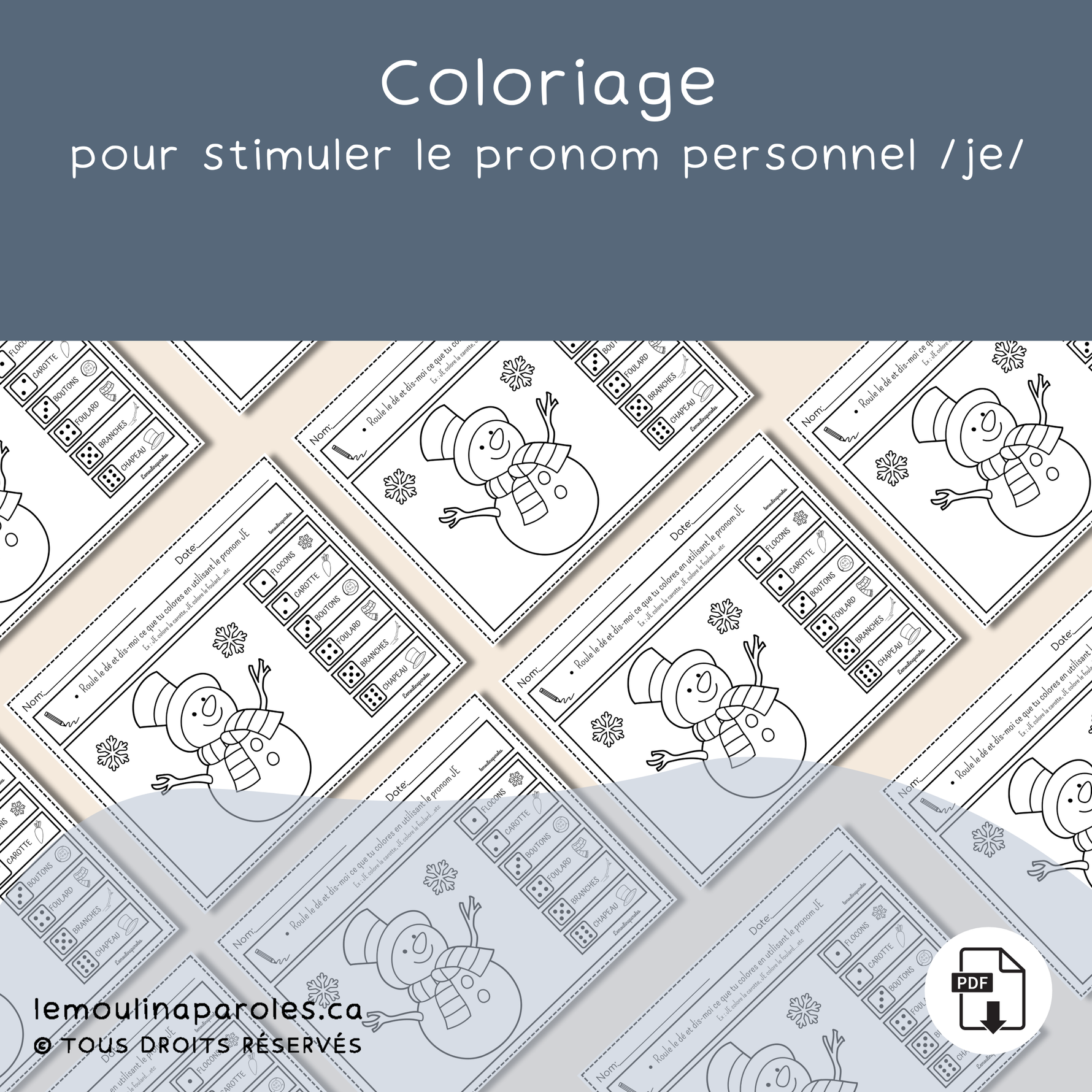 Roule, nomme et colorie – Bonhomme de neige PDF éducatif pour enfants 3-5 ans