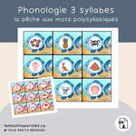 Jeu de pêche aux poissons pour pratiquer la prononciation de mots de 3 syllabes avec des enfants du préscolaire et du premier cycle.