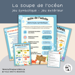 Coin cuisine extérieur avec soupe imaginaire de l’océan réalisée avec des éléments naturels.
