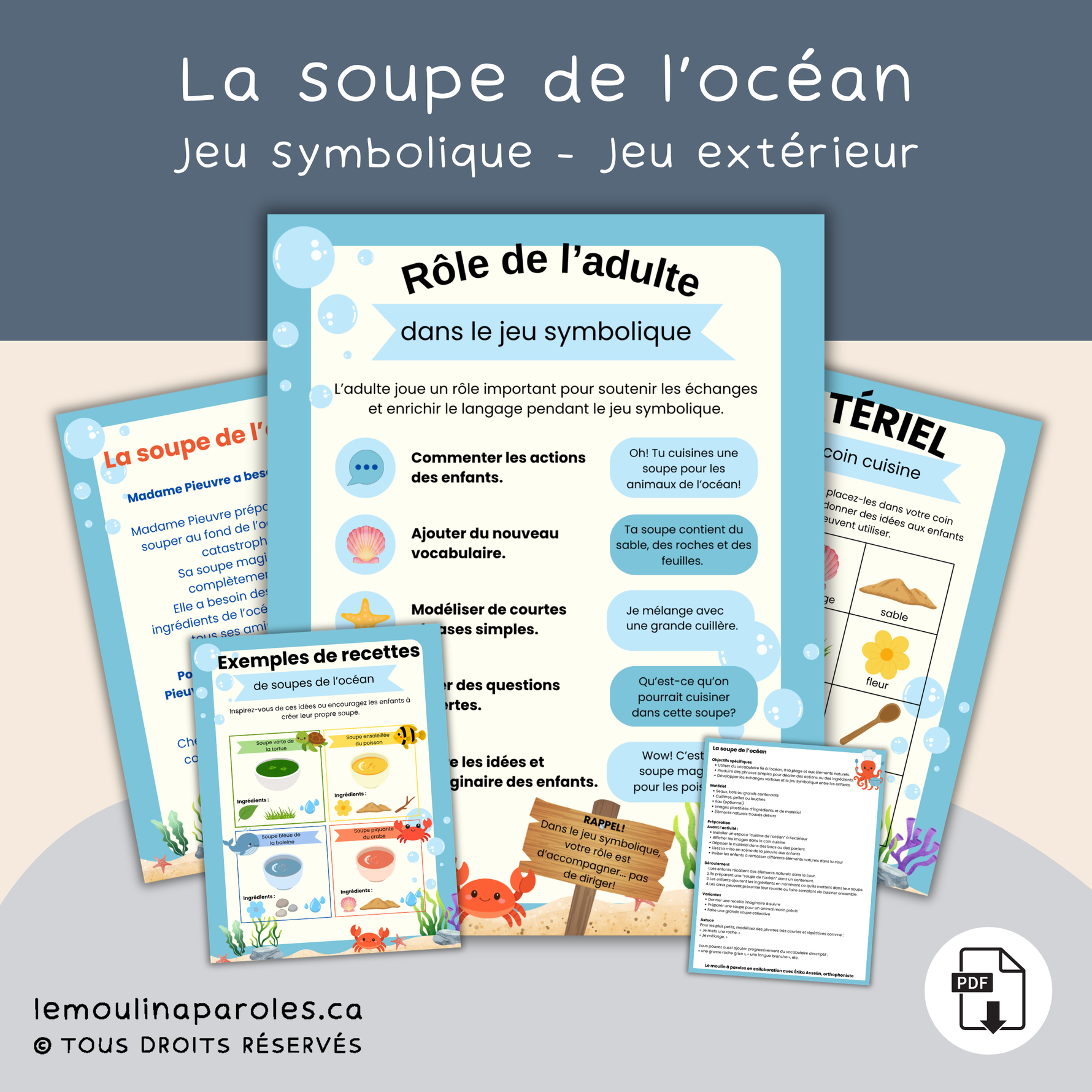 Coin cuisine extérieur avec soupe imaginaire de l’océan réalisée avec des éléments naturels.
