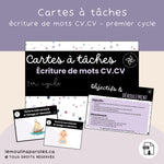 Cartes à tâche pour écrire des mots CV.CV à partir d’images – activité de littératie pour le premier cycle.