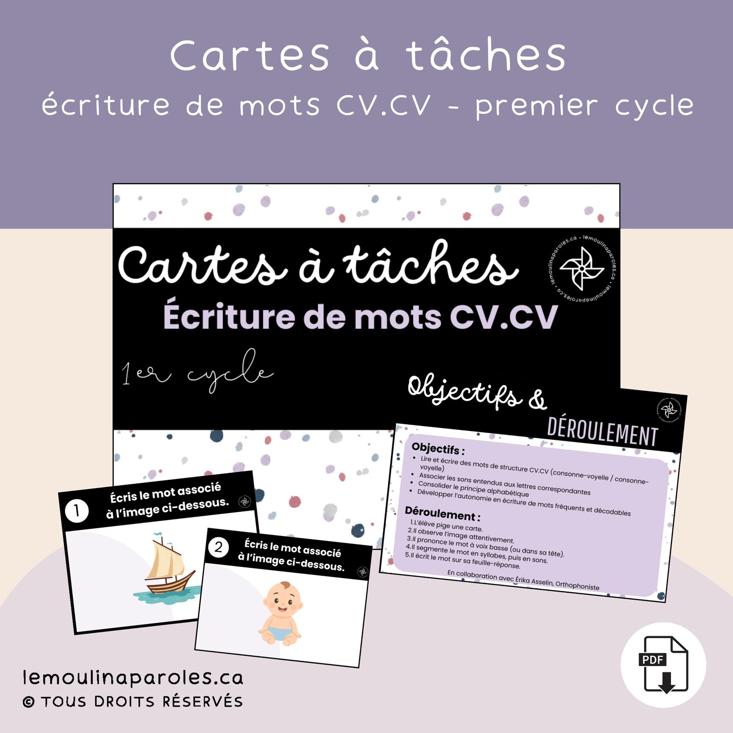 Cartes à tâche pour écrire des mots CV.CV à partir d’images – activité de littératie pour le premier cycle.