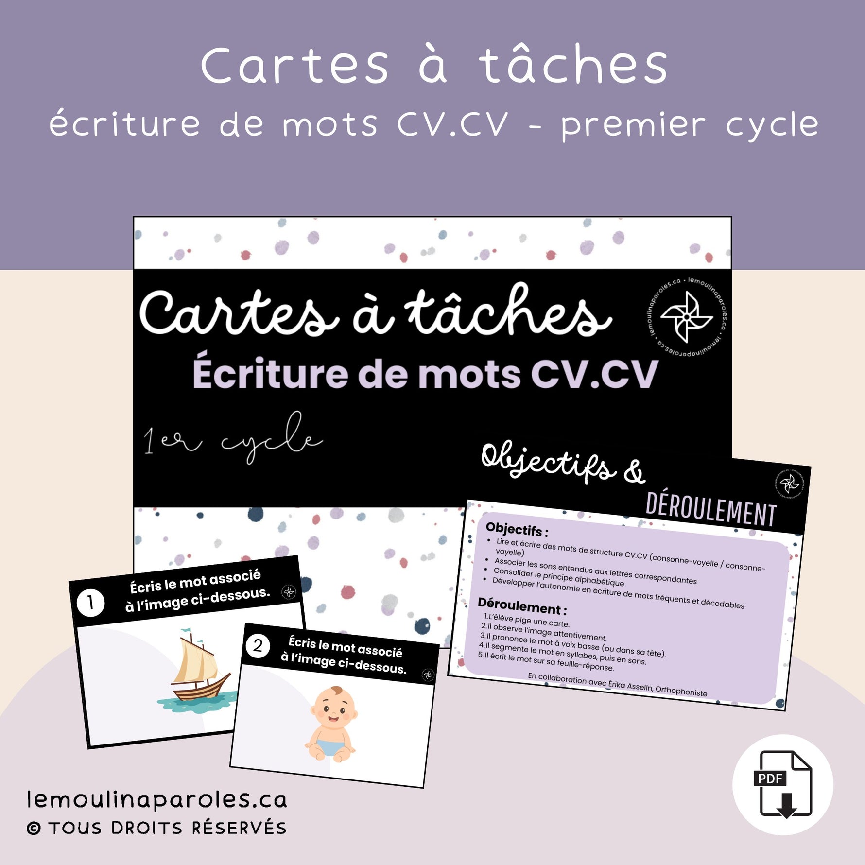 Cartes à tâche pour écrire des mots CV.CV à partir d’images – activité de littératie pour le premier cycle.