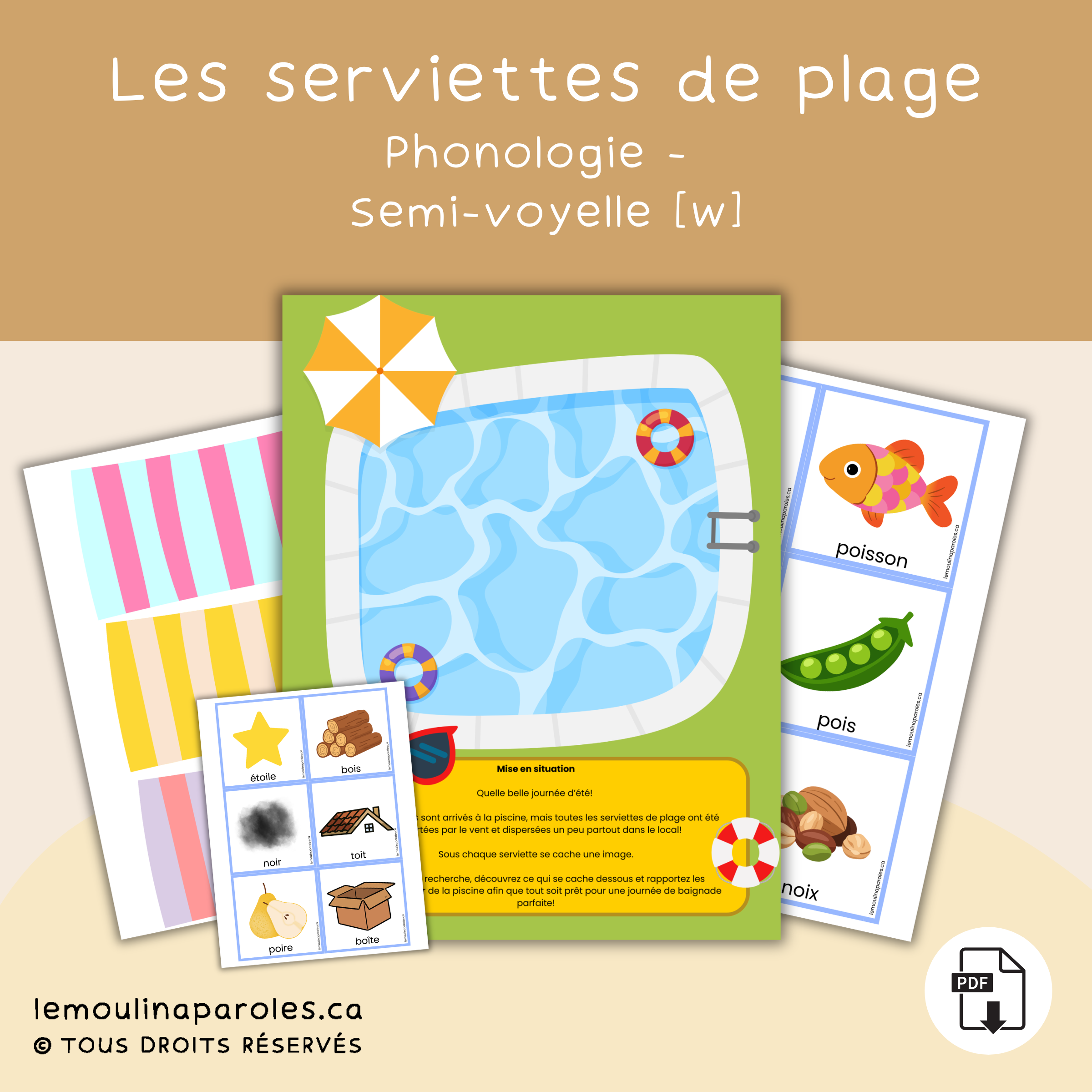 Serviettes de plage dissimulant des images cachées dans un jeu de langage sur le thème de la piscine conçu pour travailler la semi-voyelle [w].