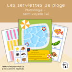 Serviettes de plage dissimulant des images cachées dans un jeu de langage sur le thème de la piscine conçu pour travailler la semi-voyelle [w].