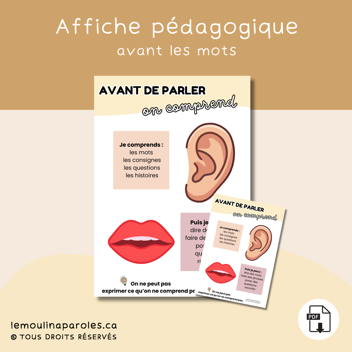 Affiche Avant de parler on comprend illustrant la compréhension comme base du langage chez l’enfant.