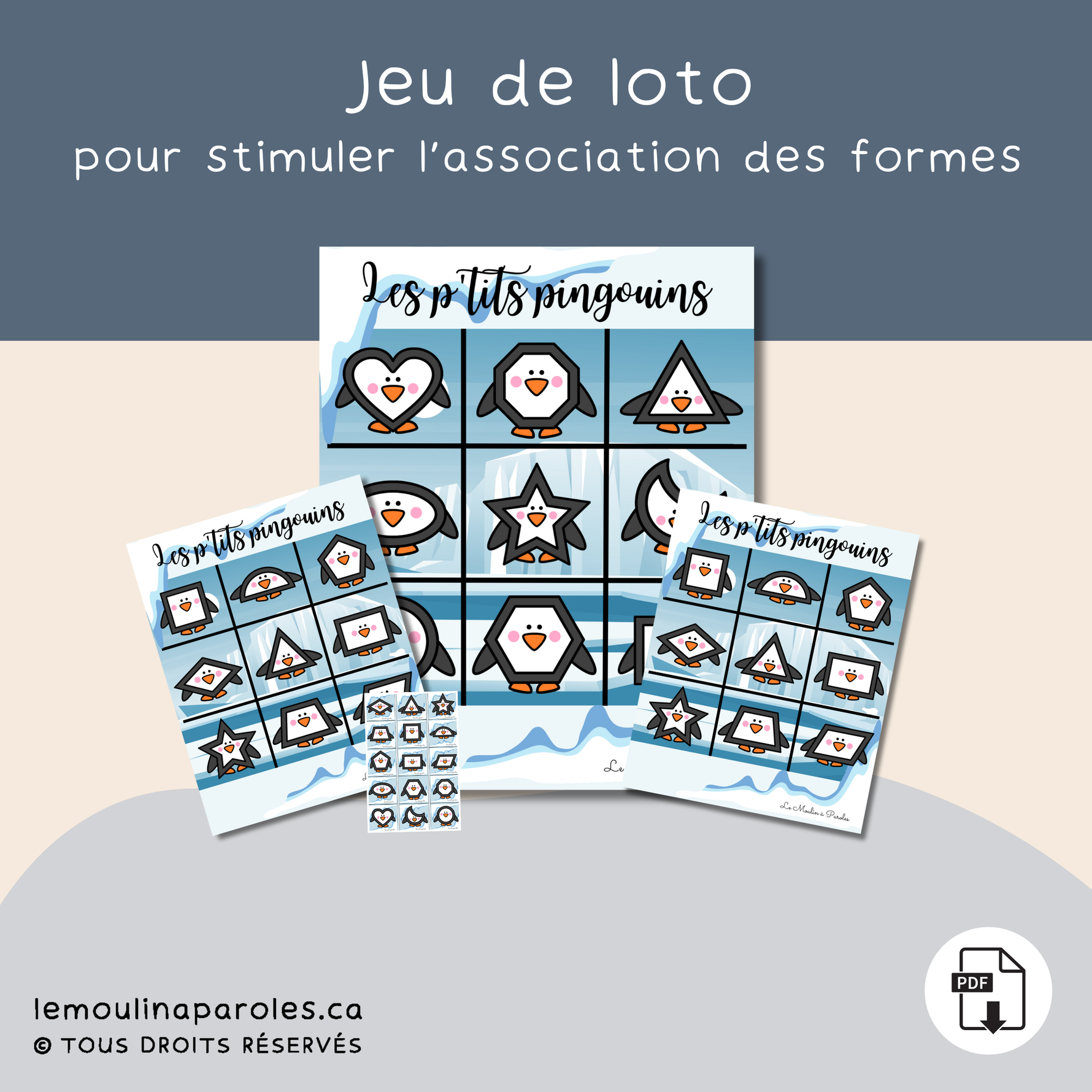 Loto éducatif des formes avec pingouins – jeu préscolaire à imprimer PDF
