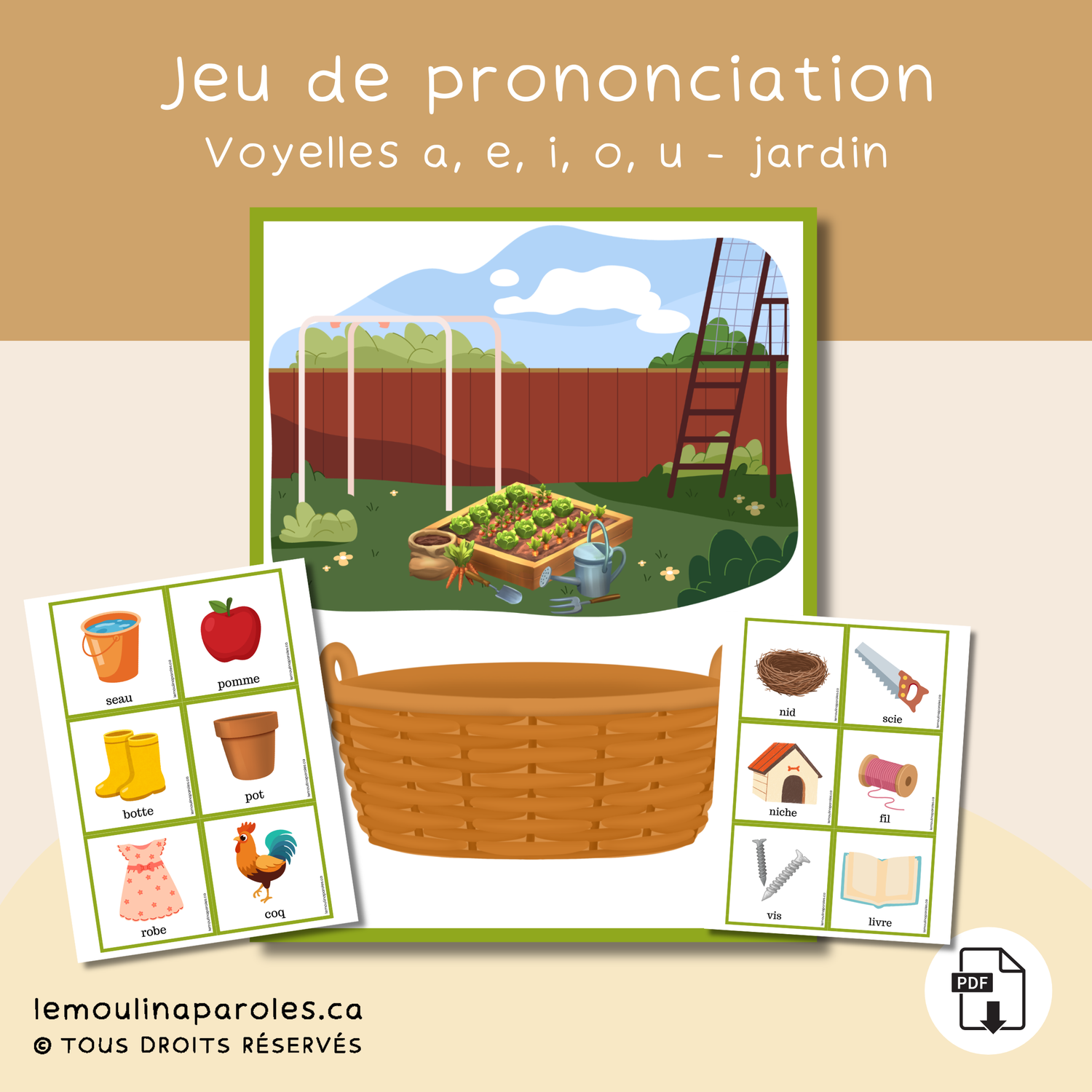 Jeu de prononciation des voyelles thème jardin pour enfants.