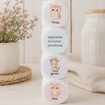 Ensemble de dés éducatifs de conscience phonologique pour enfants avec images et activités sur les sons, phonèmes, fusion et segmentation.