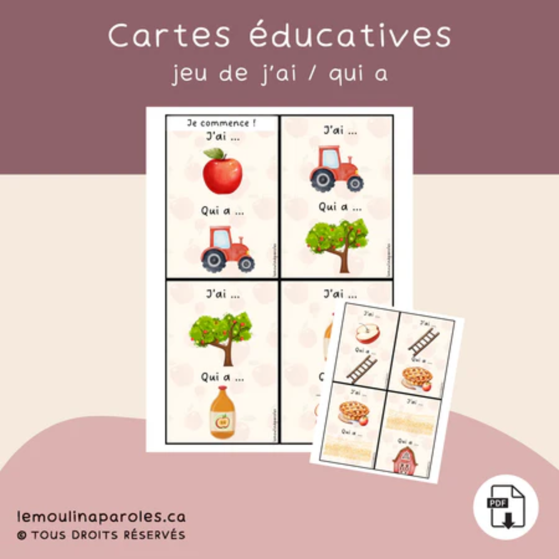 Trousse langage Les pommes en format PDF comprenant 8 activités éducatives pour les enfants de 5 à 7 ans afin de développer le langage, la conscience phonologique, la lecture, les notions spatiales, les émotions et la résolution de problèmes.