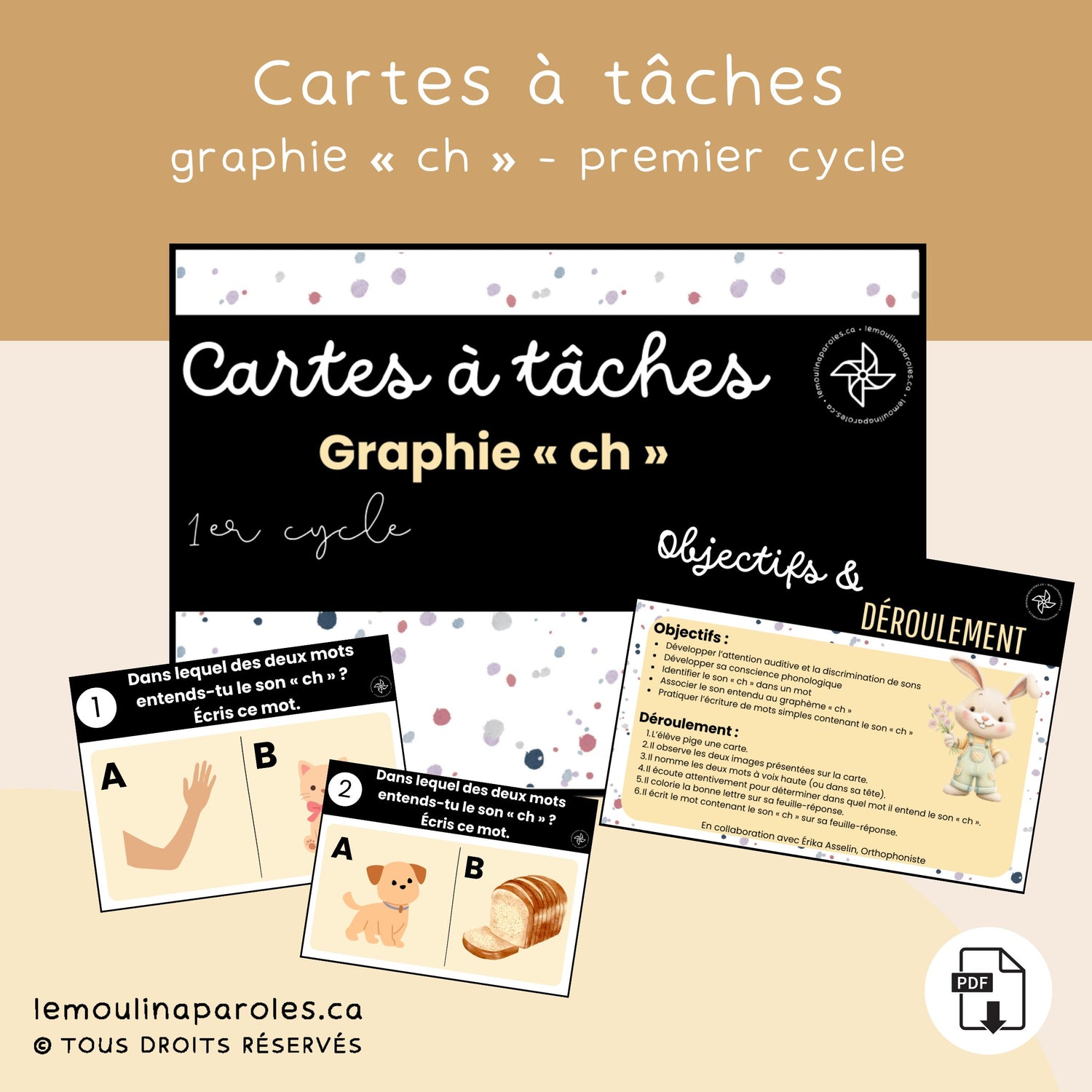 Cartes à tâche pour identifier le son « ch » dans des mots à partir d’images.