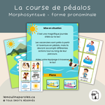Parcours en pédalo sur un lac permettant de travailler les verbes pronominaux et la production de phrases complètes dans une activité de langage estivale.