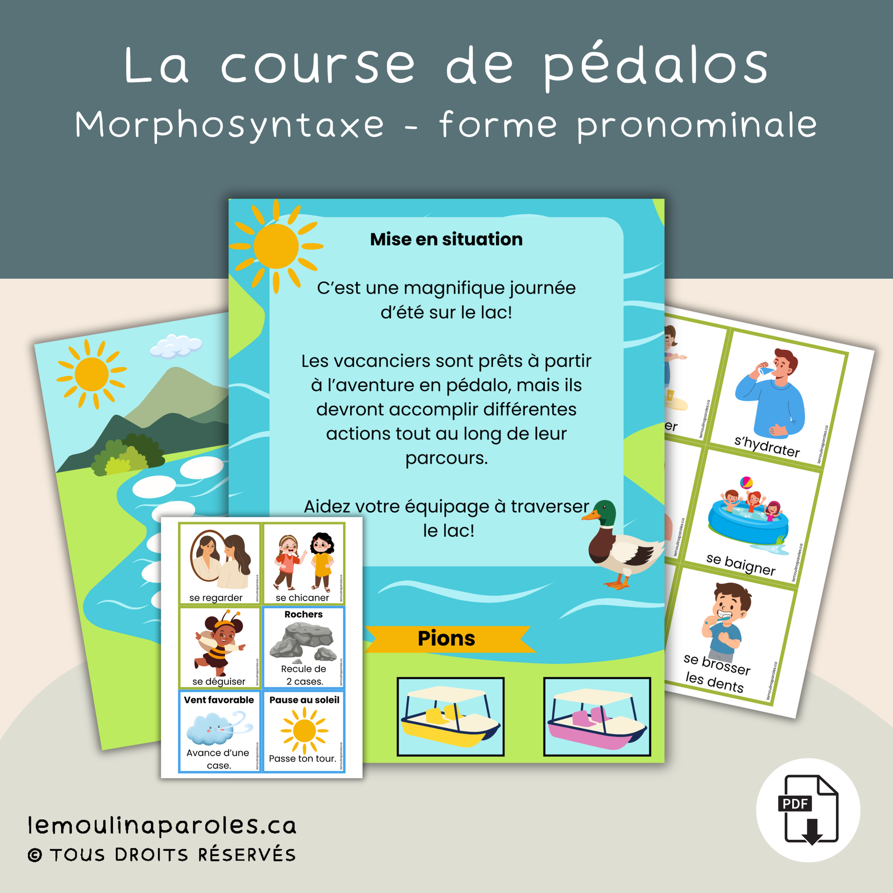 Parcours en pédalo sur un lac permettant de travailler les verbes pronominaux et la production de phrases complètes dans une activité de langage estivale.