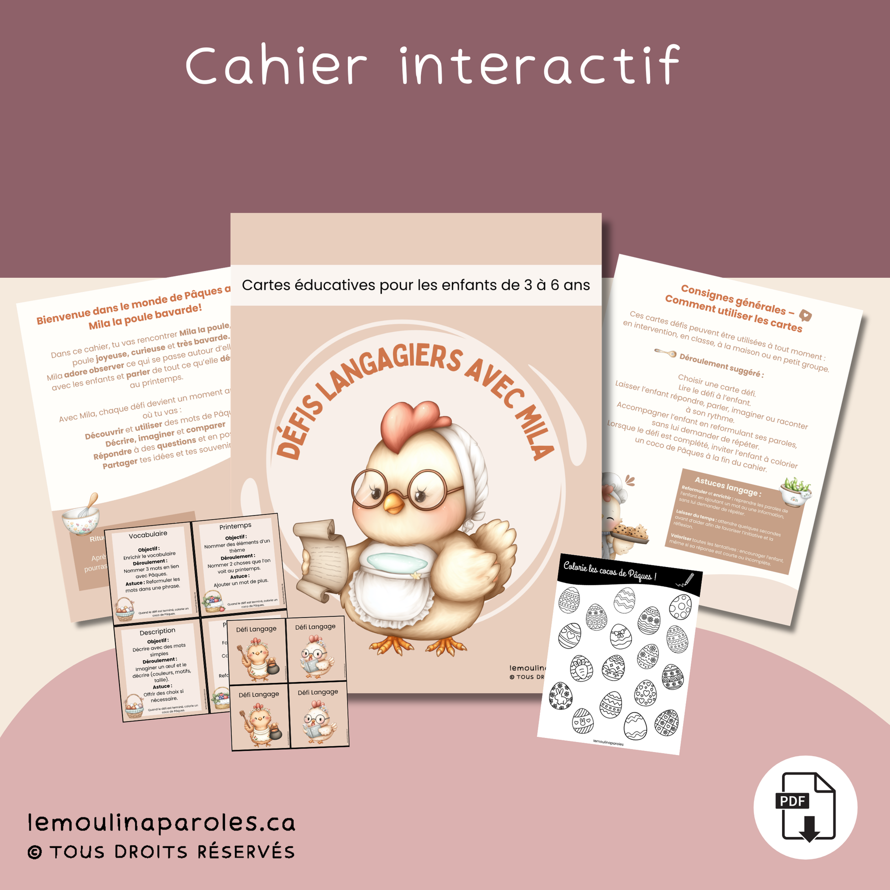 cahier défis langagiers Mila la poule activité stimulation du langage enfants 3 à 6 ans