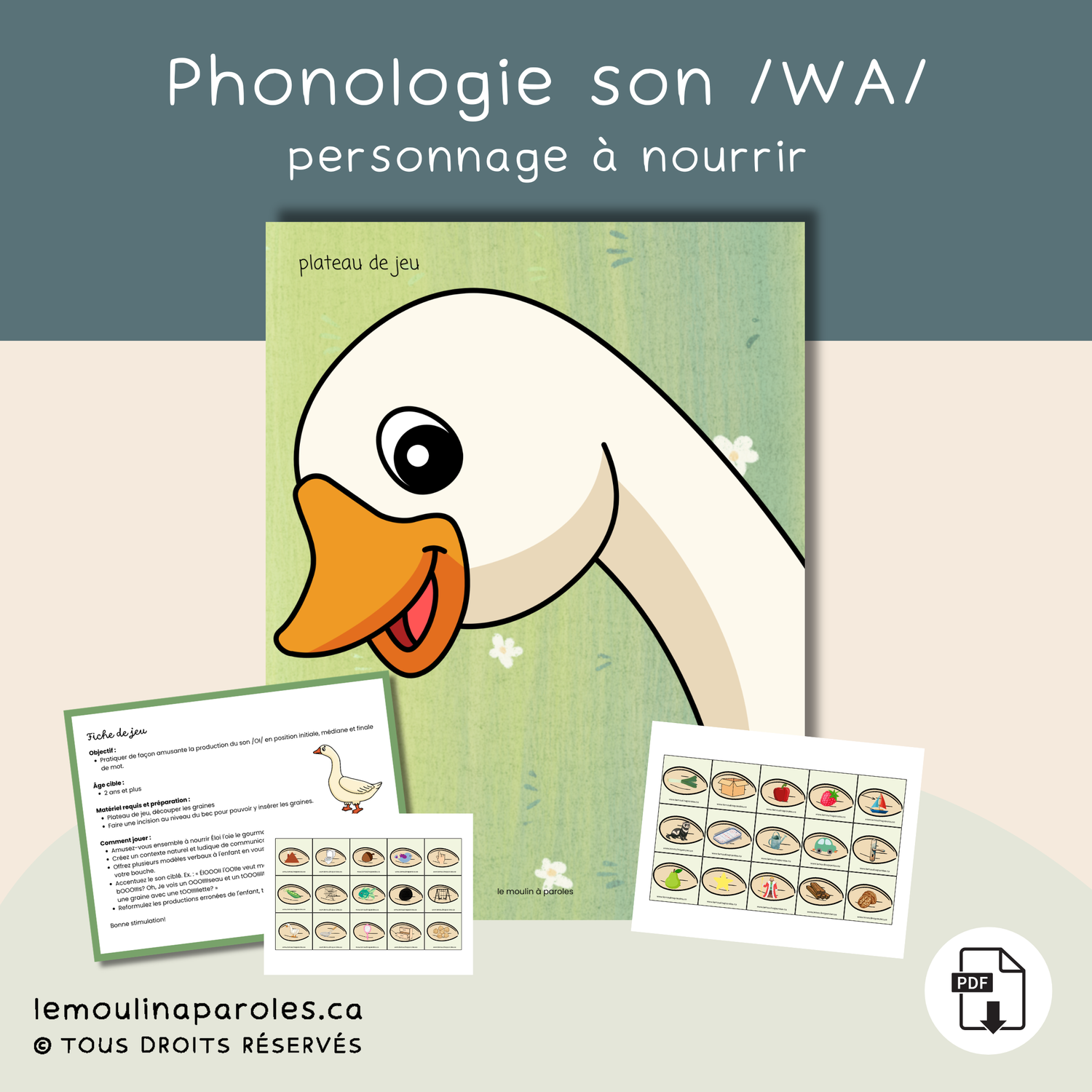 Matériel jeu Éloi l’oie avec plateau et graines pour stimulation du langage.