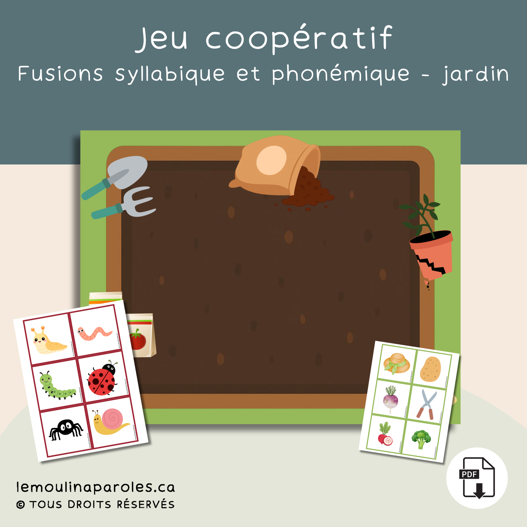 Jeu coopératif thème jardin pour fusion syllabique et phonémique.