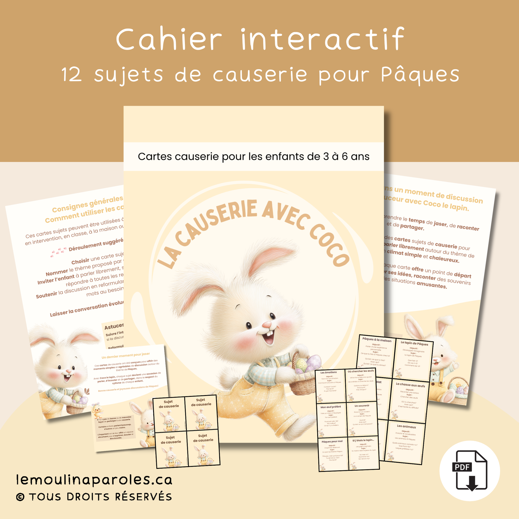Cartes causerie de Pâques pour enfants de 3 à 6 ans avec Coco le lapin