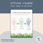 Affiche éducative Les trois traces de Romy avec trois repères visuels pour raconter au début, après et à la fin.