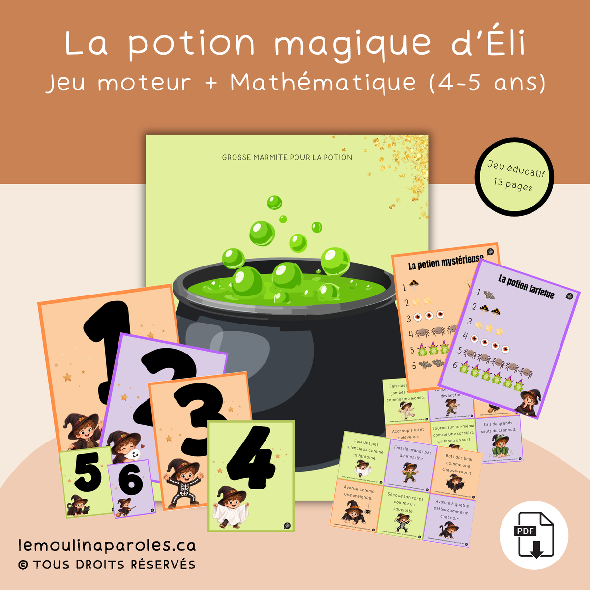 La potion des chiffres – jeu mathématique et moteur d’Halloween à imprimer pour enfants de 4 à 5 ans