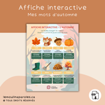 Affiche interactive sur l’automne avec 8 mots illustrés et défis de stimulation du langage pour enfants de 3 à 5 ans.