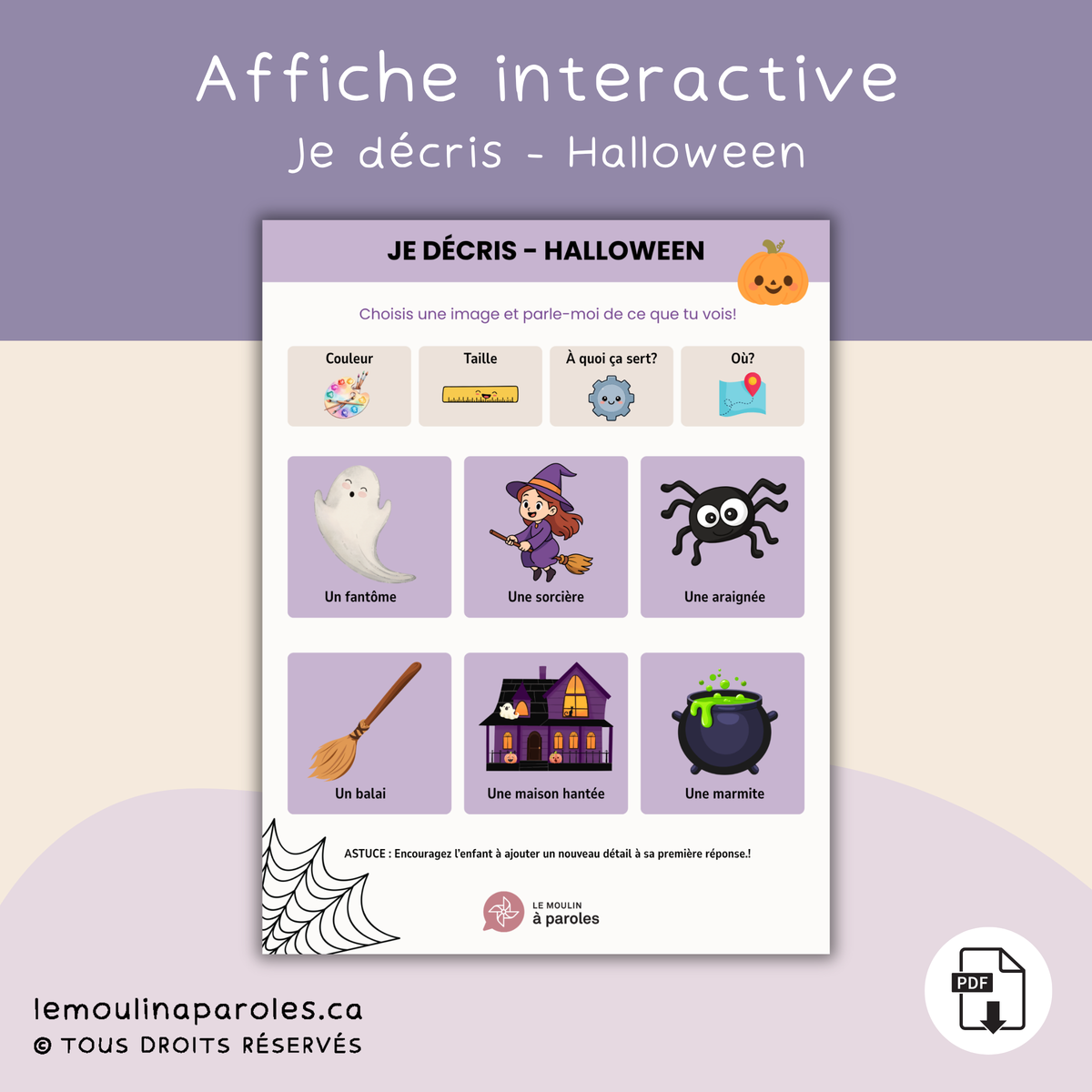 Affiche éducative Je décris Halloween avec 6 images et 4 indices visuels pour stimuler la description et le langage des enfants de 3 à 5 ans.