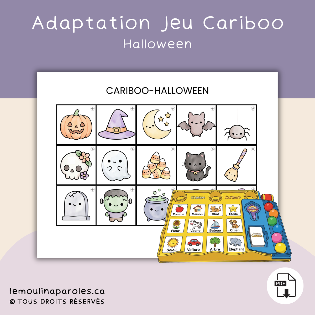 Adaptation du jeu Cariboo sur le thème de l’Halloween à imprimer pour stimuler le langage des enfants.