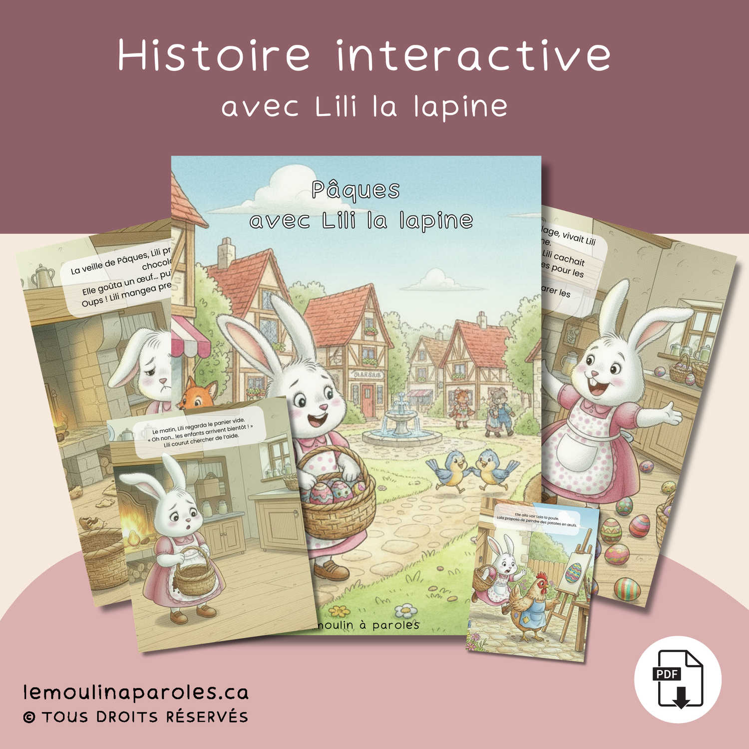 Histoire pour enfants de Pâques avec une lapine tenant un panier d’œufs dans un village coloré.