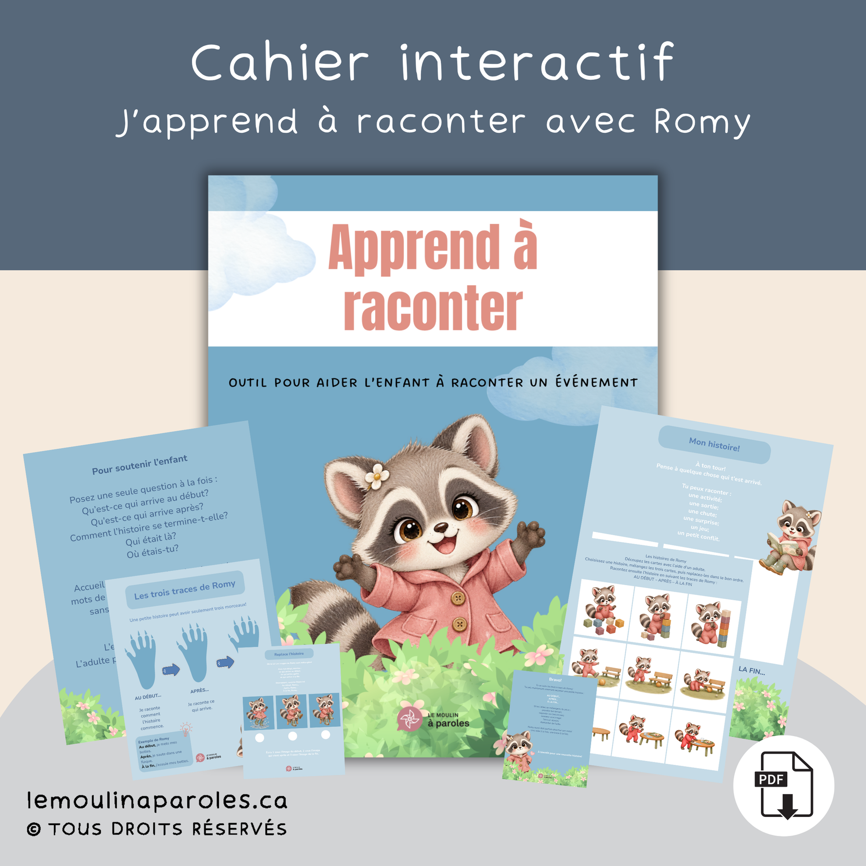 Apprendre à raconter avec Romy, outil de langage PDF avec cartes de séquences pour enfants de 3 à 5 ans