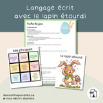 Jeu éducatif de Pâques avec un lapin étourdi et des cartes de phrases à corriger pour travailler l’écriture.
