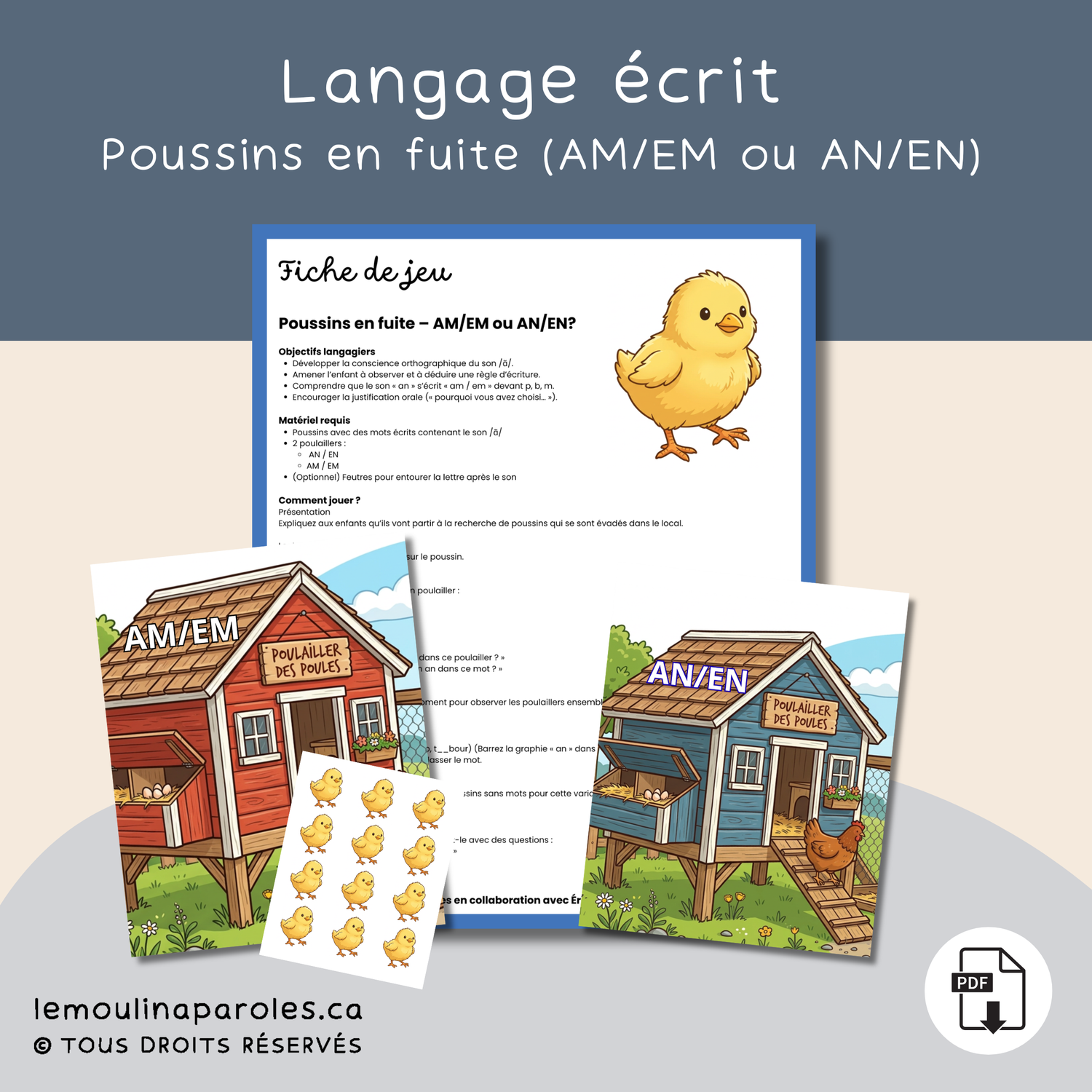 Jeu éducatif avec poussins à classer dans des poulaillers pour apprendre les graphies am em an en en français.