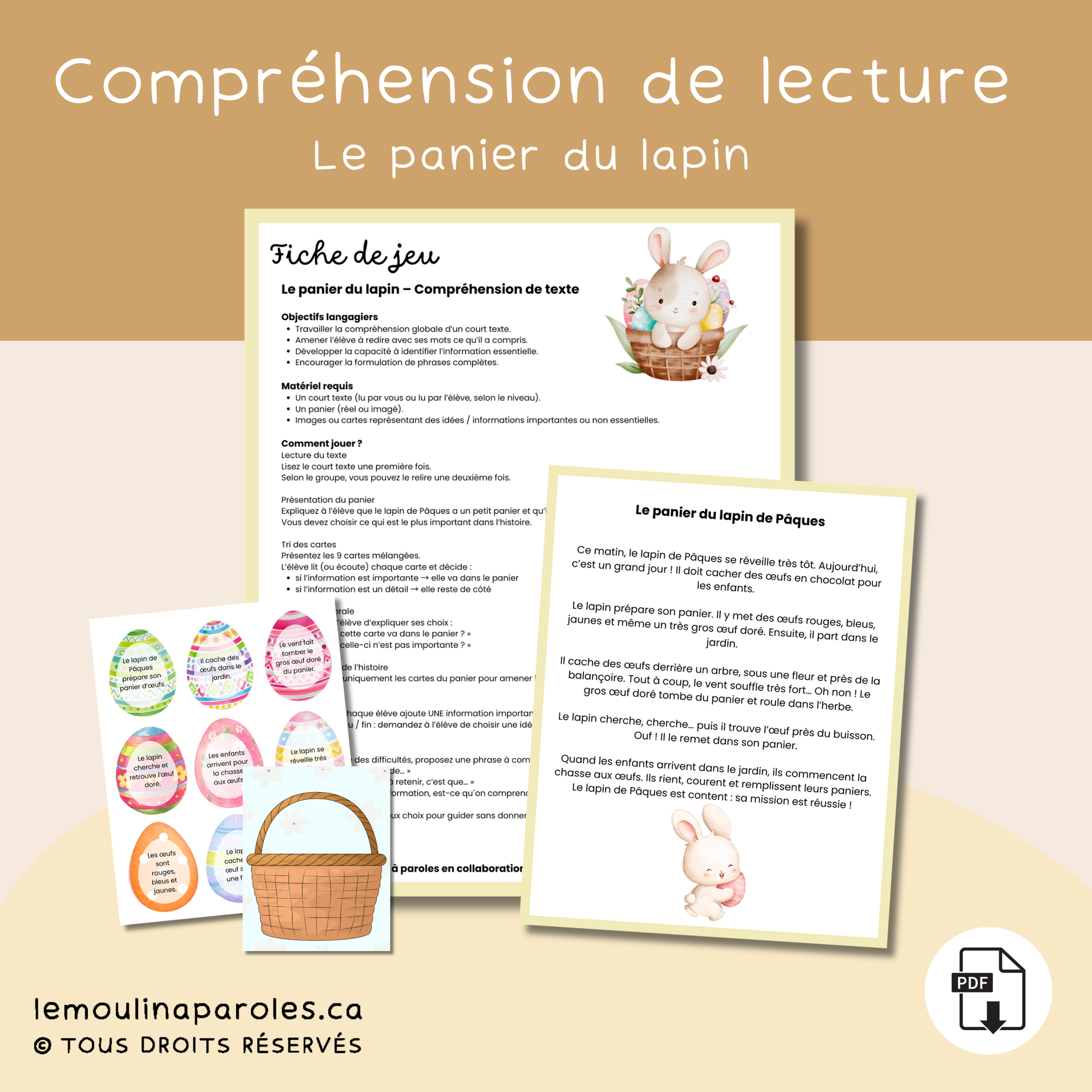 Jeu éducatif avec panier de Pâques pour trier les informations importantes d’un texte et développer la compréhension chez les enfants.