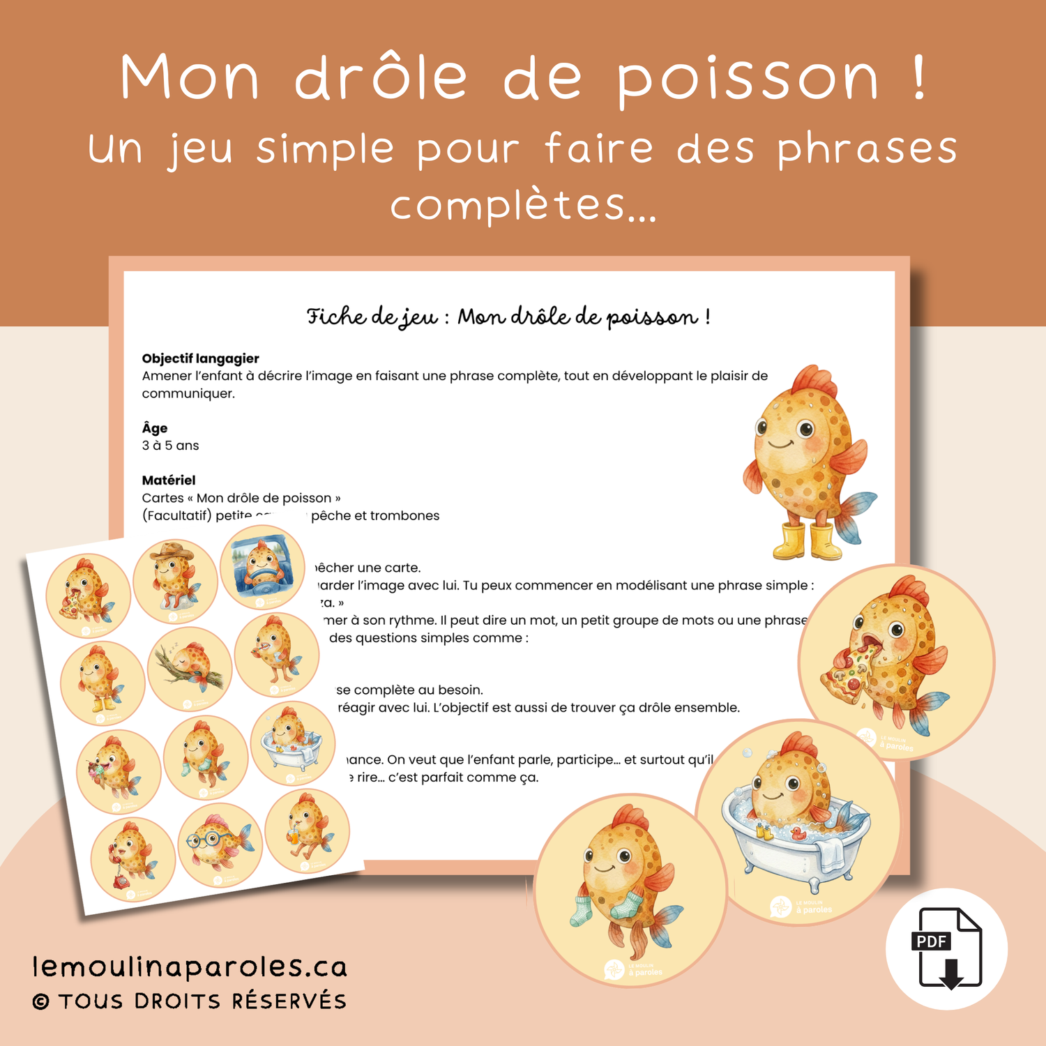 Cartes éducatives avec un poisson drôle pour stimuler le langage chez les enfants