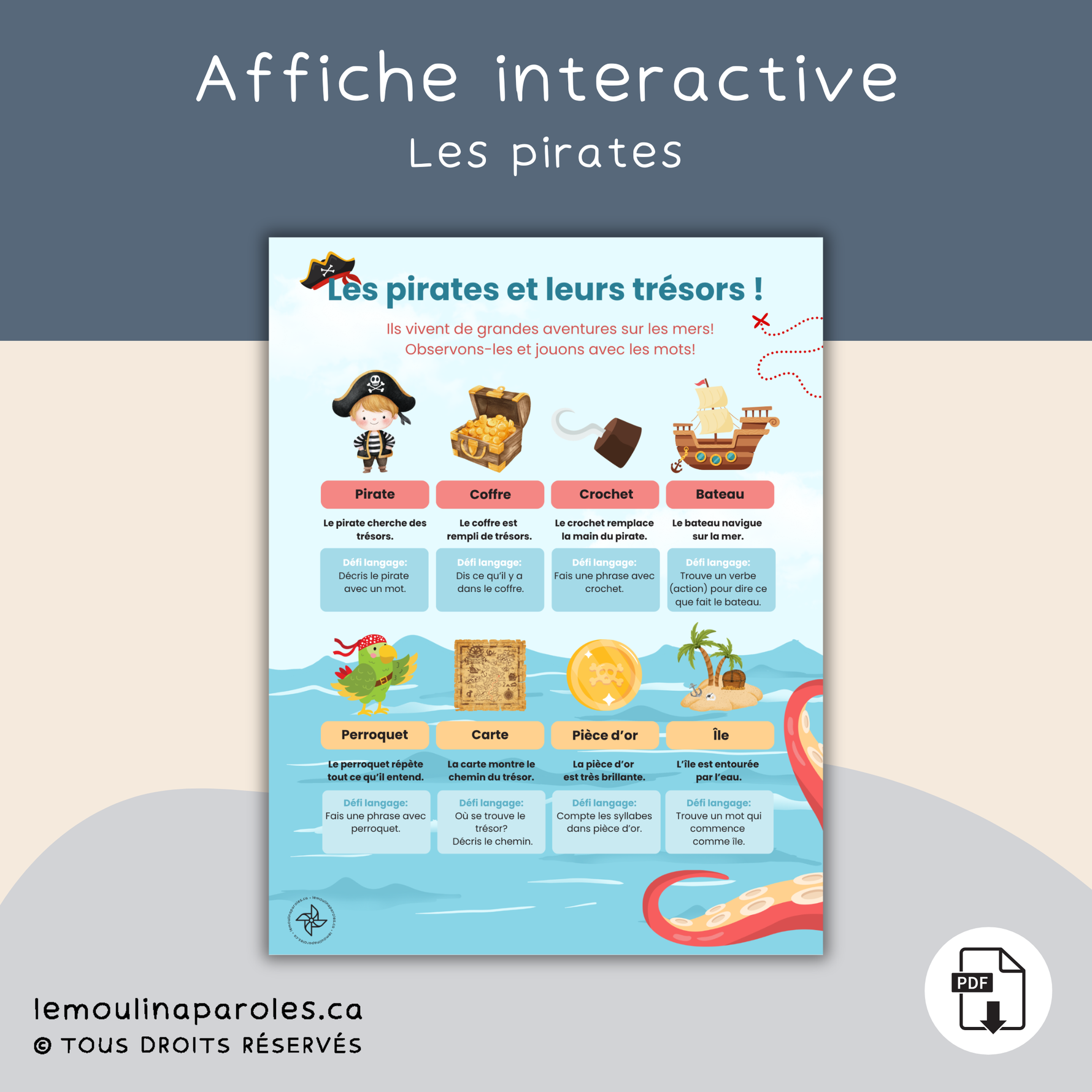 Affiche interactive éducative sur les pirates et les trésors pour stimuler le langage des enfants – Le Moulin à Paroles