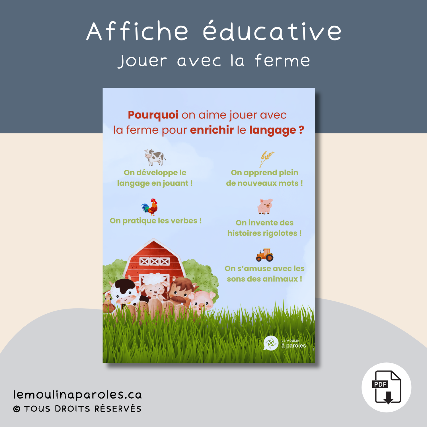 Affiche éducative thème ferme pour le développement du langage chez les enfants avec animaux et stratégies simples